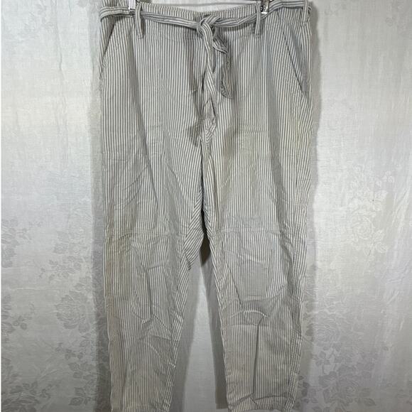 American Eagle Pants 14 Cream Blue Striped Belted Cotton Pockets - Picture 1 of 13